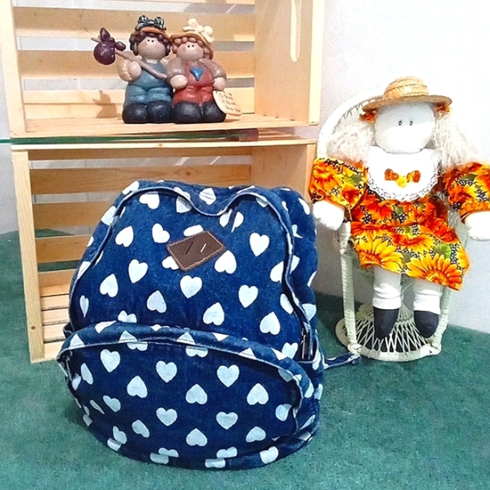 LARGE DENIM BACKPACK WITH HEART ACCENTS